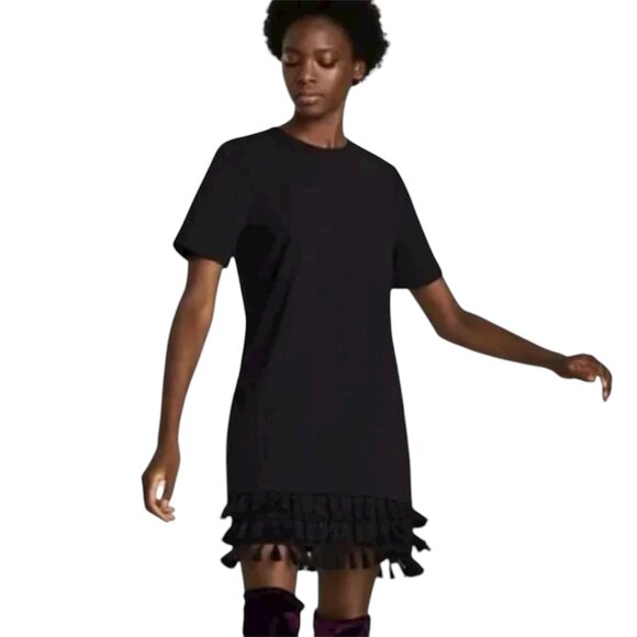 Zara Black Tassel Fringe Shift Short Sleeve Mini Dress Size Small - Picture 11 of 11